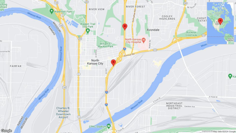 A detailed map that shows the affected road due to 'Heavy rain prompts traffic warning on northbound I-29/I-35 in North Kansas City' on May 2nd at 4:20 p.m.
