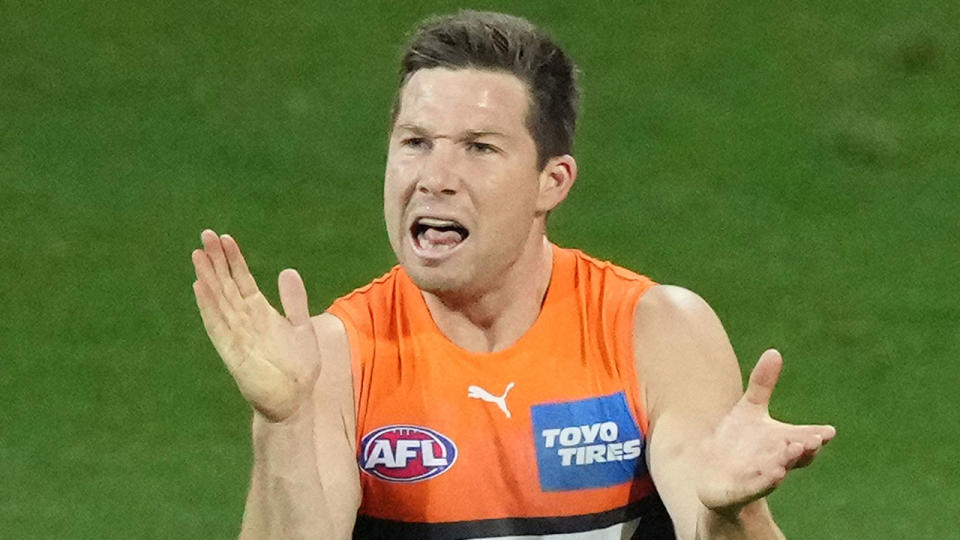 Pictured here, Toby Greene reacts during GWS' finals wins against the Sydney Swans.