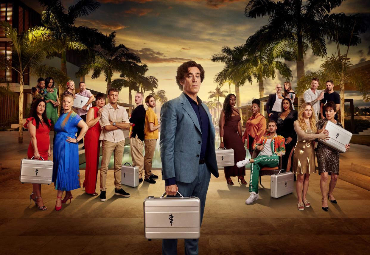 This image and the information contained herein is strictly embargoed until 09:00 Tuesday 7th May 2024

From ITV

The Fortune Hotel:  on ITV1 and ITVX

Pictured: Aisha & Sam, Susan & Jen, Gary & Lesley, Jo-Ann & Will, Tommy & Scott, Stephen Mangan, Chloe & Louie, Cherish & Jae, Dan & Claire, Abbie & Tracey, Michael & Adam 

This photograph is (C) ITV Plc and can only be reproduced for editorial purposes directly in connection with the programme or event mentioned above, or ITV plc. This photograph must not be manipulated [excluding basic cropping] in a manner which alters the visual appearance of the person photographed deemed detrimental or inappropriate by ITV plc Picture Desk.  This photograph must not be syndicated to any other company, publication or website, or permanently archived, without the express written permission of ITV Picture Desk. Full Terms and conditions are available on the website www.itv.com/presscentre/itvpictures/terms

For further information please contact:
michael.taiwo1@itv.com