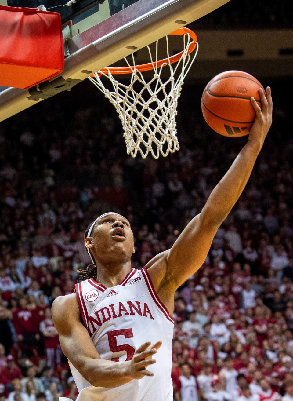 Indiana's Malik Reneau (5) scores during the second half of the Indiana versus Maryland men's basketball game at Simon Skjodt Assembly Hall on Friday, Dec. 1, 2023.