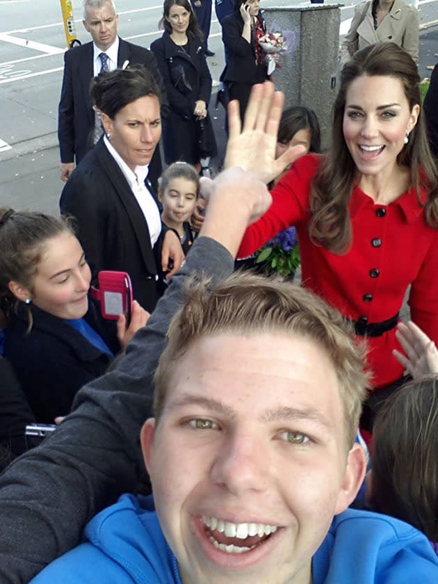 One lucky fan happened to catch the Duchess high-fiving someone while out and about in New Zealand. Considering how rare a Kate Middleton selfie is, we couldn't help getting excited over this one.