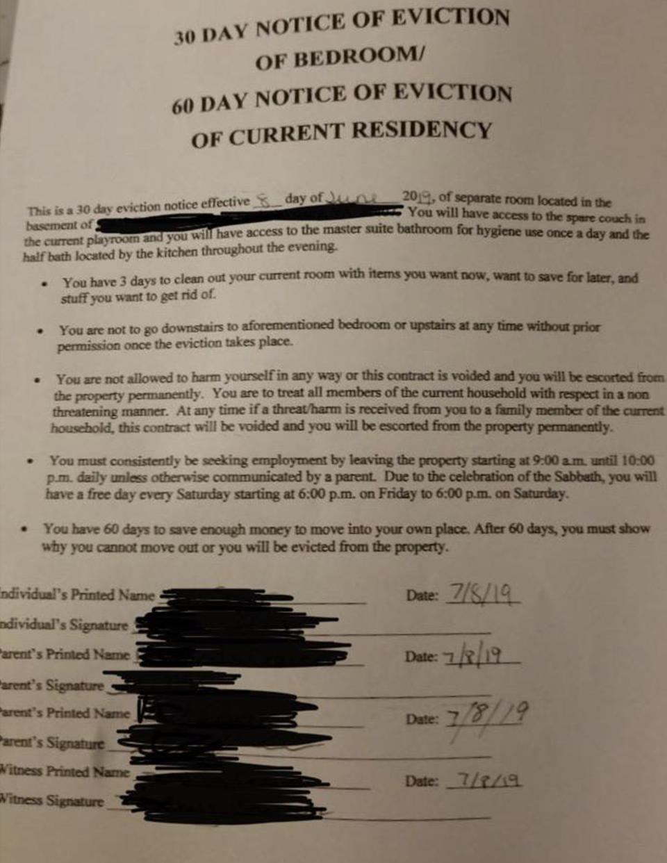 The eviction notice that was posted on Reddit giving the 18-year-old boy 60 days to move out.