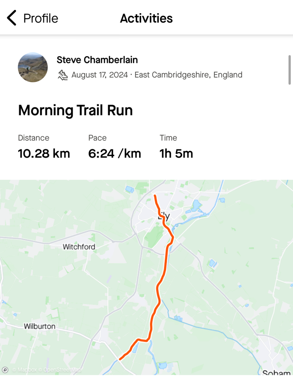 The route on which Mr Chamberlain died while running (Strava)