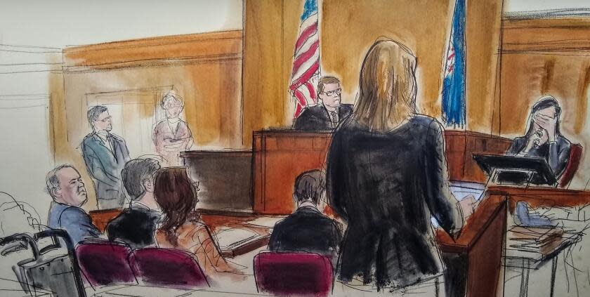 In this courtroom sketch, a witness weeps as she testifies during the Harvey Weinstein trial, Friday, Jan. 31, 2020, in New York. A key accuser in Weinstein's trial testified Friday that he trapped her in a New York hotel room, angrily ordered her to undress and raped her, but that she stayed in contact with him because "his ego was so fragile" and she wanted to be seen as naive. (Elizabeth Williams via AP)