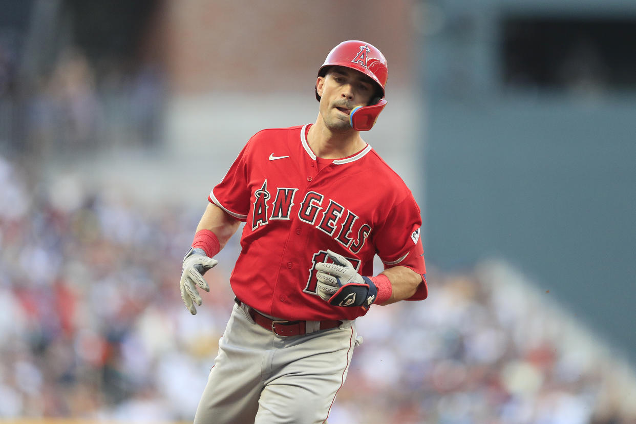 ATLANTA, GA - JULY 31: Randal Grichuk (15 trots the bases after hitting a home run during the Monday evening MLB game between the Los Angeles Angels and the Atlanta Braves on July 31, 2023 at Truist Park in Atlanta, Georgia.  (Photo by David J. Griffin/Icon Sportswire via Getty Images)