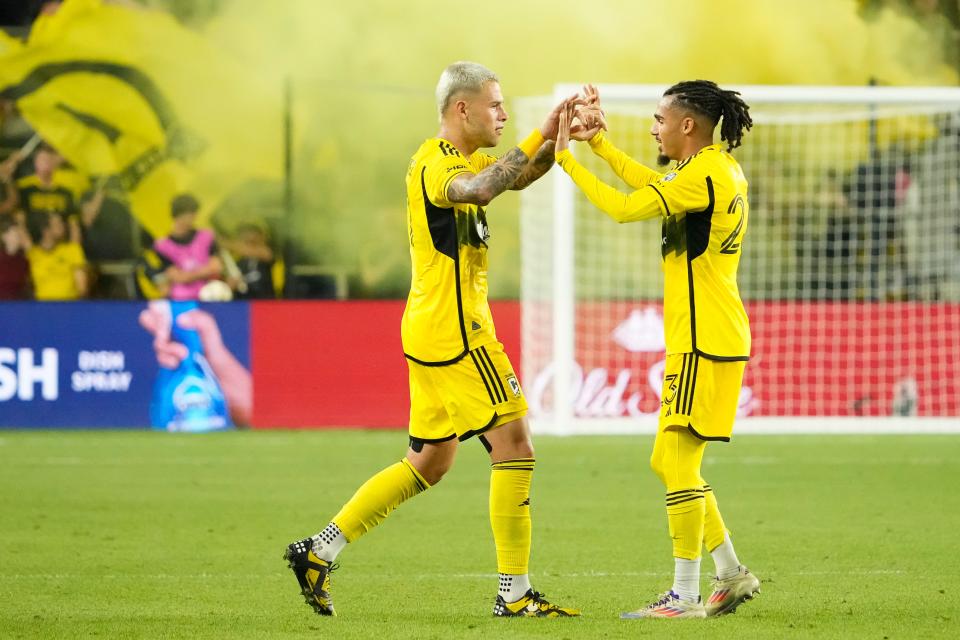 Sep 25, 2024; Columbus, Ohio, USA; Columbus Crew forward Christian Ramirez (17) and defender Mohamed Farsi (23) react to a goal by defender Malte Amundsen (18)during the second half of the Campeones Cup Final at Lower.com Field. The Crew lost 5-4 in penalty kicks.