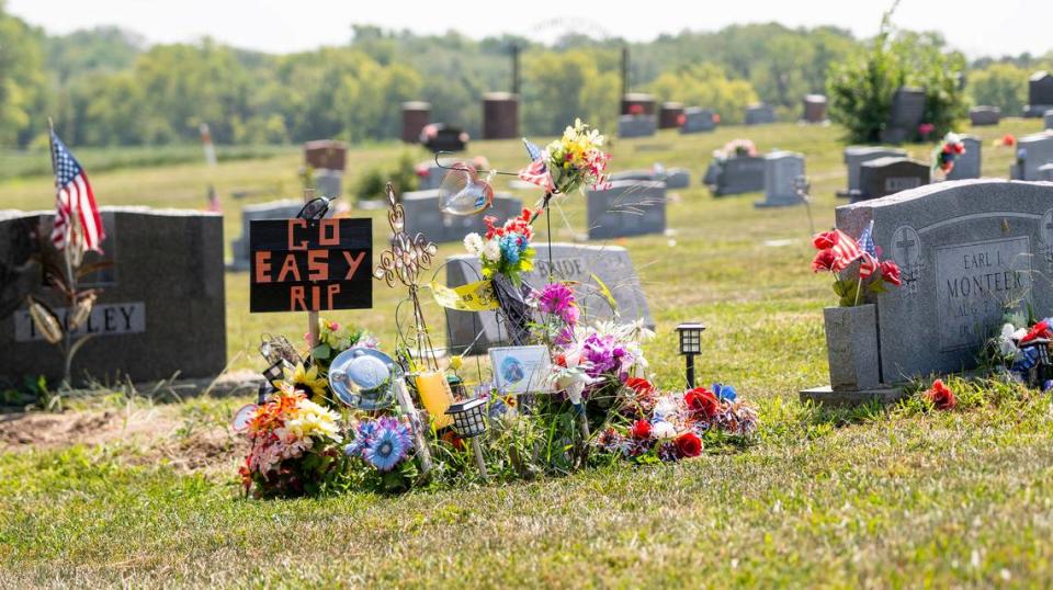 Friends and family have visited Jake Monteer's grave site, shown in this photo from Aug. 30, 2023, near Bates City. He was killed after being struck by a vehicle fleeing police in Independence in March.
