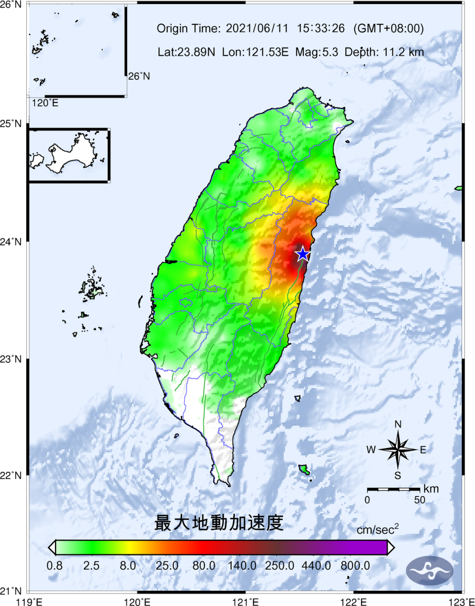 花蓮下午15點33分起連續發生3起地震(圖為15:33地震最大地動加速度圖)。   圖：中央氣象局／提供