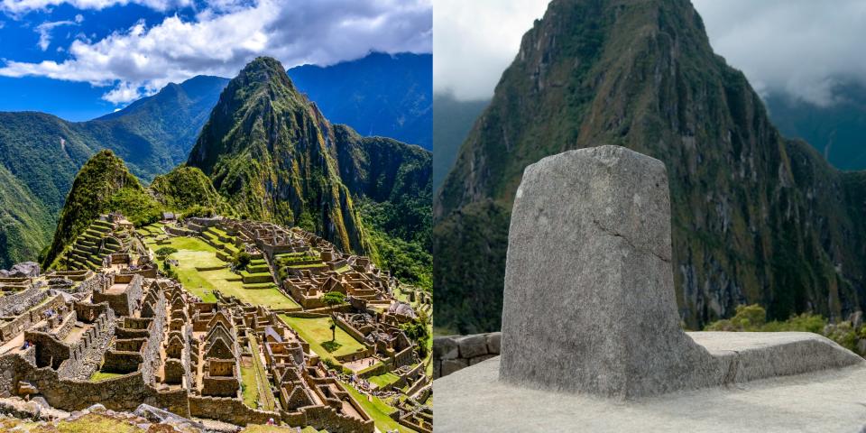 A montage shows Macchu Picchu seen from above on a sunny day, next to a picture of the stone casting a shadow