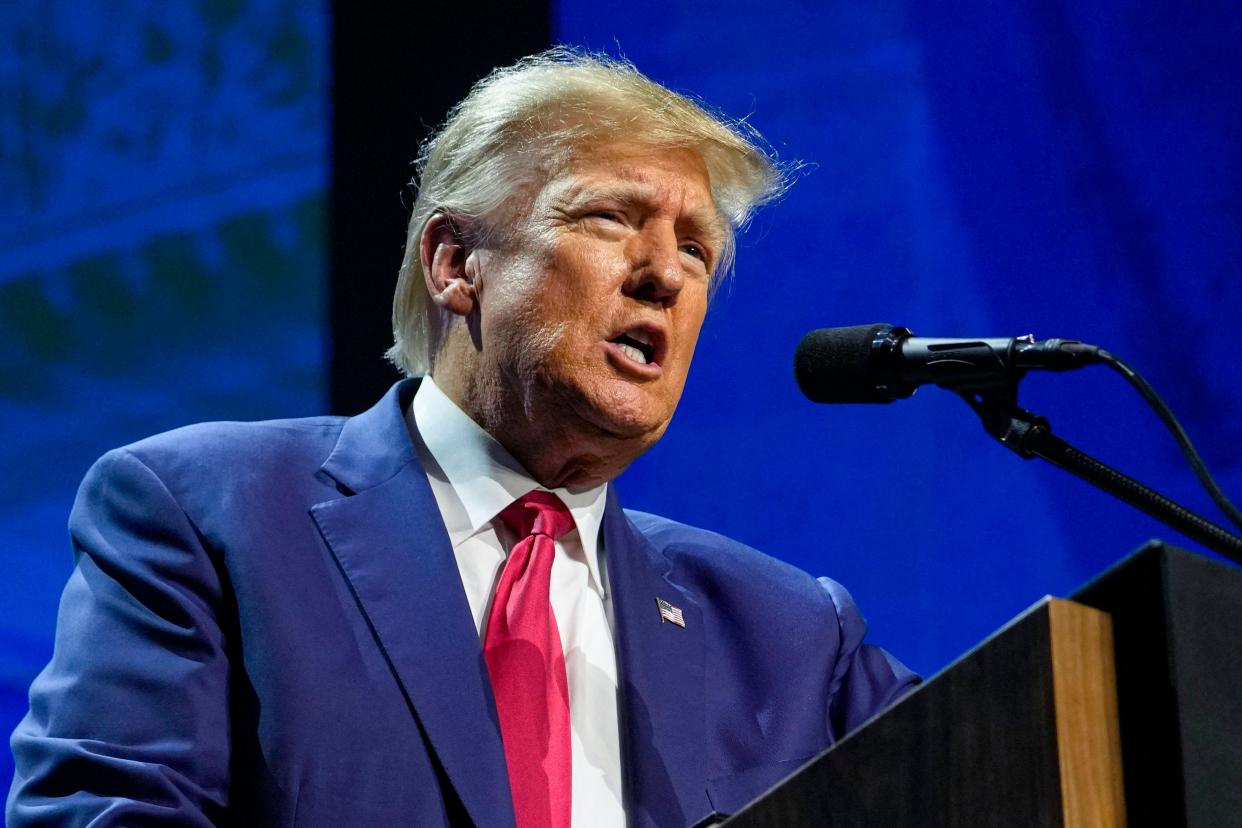 Former President Donald Trump speaks at the National Rifle Association Convention in Indianapolis, on April 14, 2023.