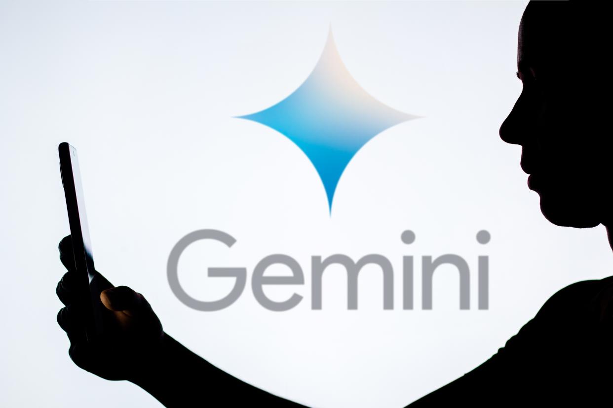  Google Gemini logo with person holding phone. 