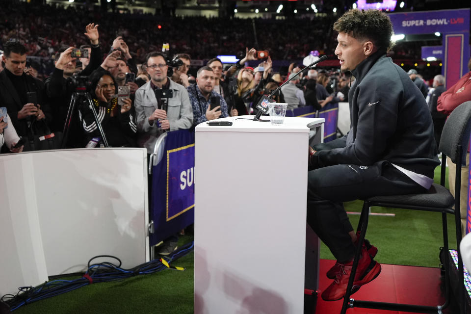 Kansas City Chiefs quarterback Patrick Mahomes speaks to the media during NFL football Super Bowl 58 opening night Monday, Feb. 5, 2024, in Las Vegas. The San Francisco 49ers face the Kansas City Chiefs in Super Bowl 58 on Sunday. (AP Photo/Matt York)