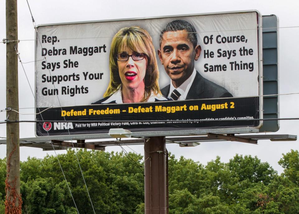 A National Rifle Association billboard in Hendersonville shows a campaign message attacking Tennessee House Republican Caucus Chairwoman Debra Maggart in 2012. The gun rights group had a falling out with Republican lawmakers in Tennessee over a bill seeking to guarantee workers the right to store their guns in their cars while at work.