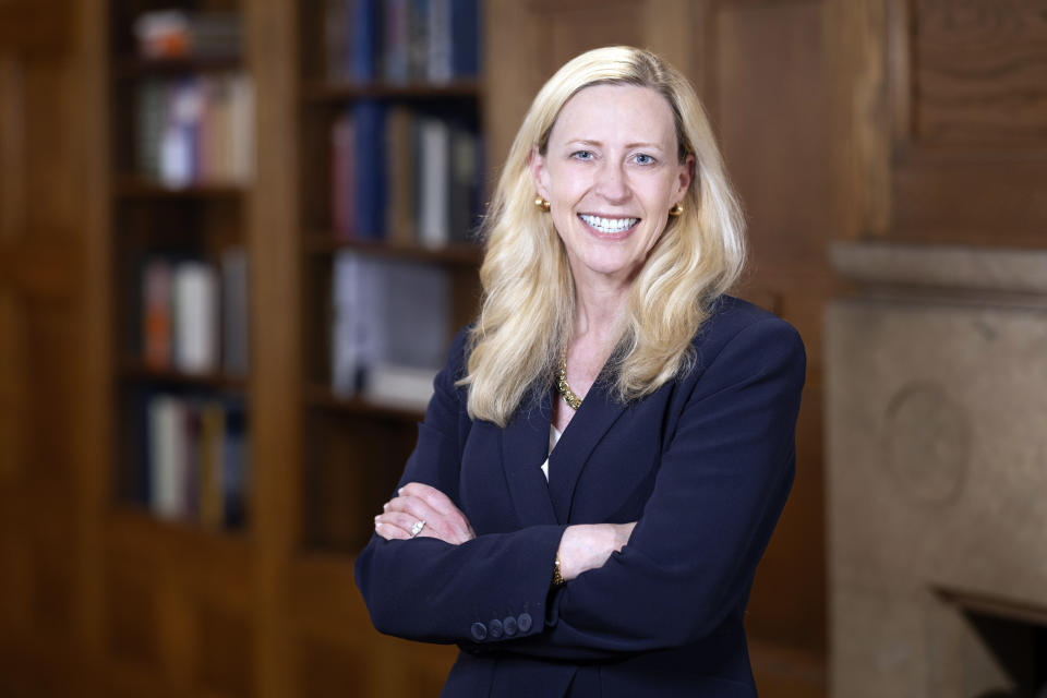 In this image provide by Yale University, Yale's new president Maurie McInnis poses in New Haven, Conn. McInnis, a longtime higher education leader and cultural historian, was named the 24th president of Yale University on Wednesday, May 29, 2024, becoming the first woman to be installed permanently to the position. (Yale University via AP)