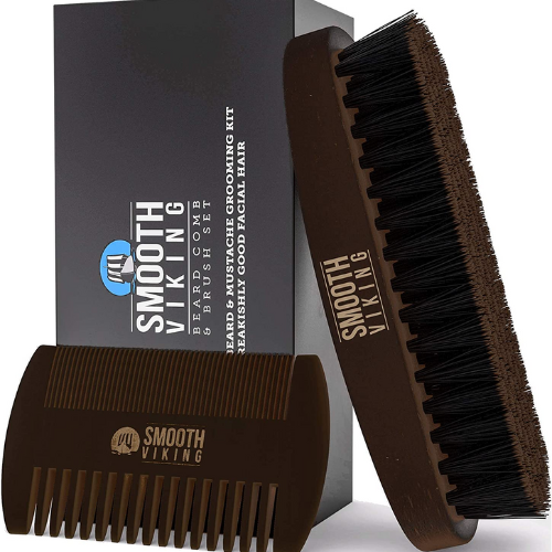 Smooth Viking Boar Bristle beard brush and comb set against white background