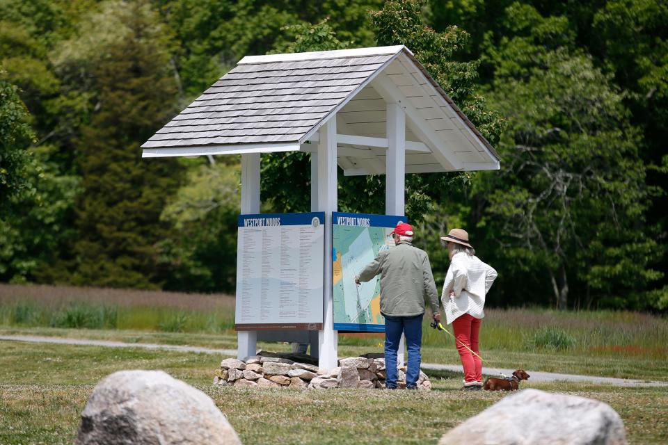 Visitors look at the site map of the Adamsville Road location of the Westport Land Conservation Trust as it celebrates its 50th anniversary.