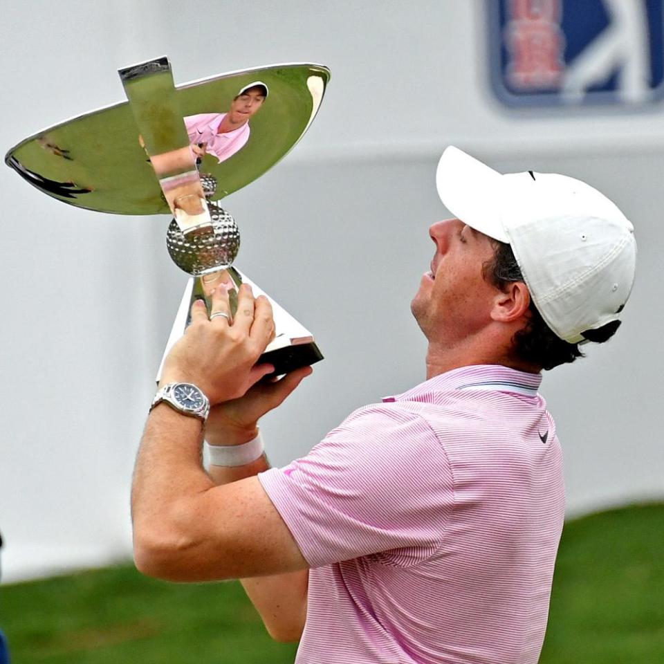 Rory McIlroy celebrates with the FedEx Cup after winning at East Lake Golf Club in 2019.