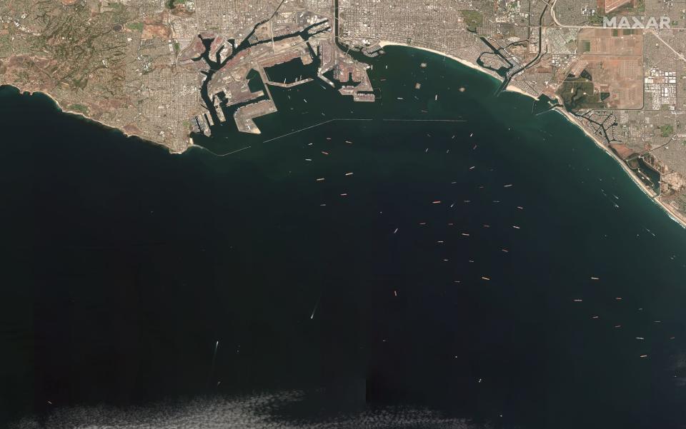 An overview of the shipping backlog off the coast of Long Beach, California.