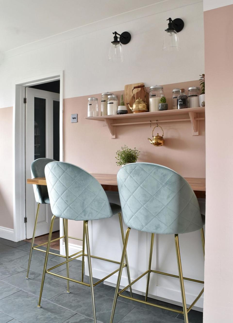 <p>A failsafe solution if your small kitchen can't quite accommodate a dining table, is a breakfast bar. This really can be as easy as installing a shelf as a makeshift table, and bar stools that can be tucked away to save on floor space. </p><p>Pictured: <a href="https://www.cultfurniture.com/sale-c207/stools-c210#t1032" rel="nofollow noopener" target="_blank" data-ylk="slk:Heather Bar Stools at Cult Furniture;elm:context_link;itc:0;sec:content-canvas" class="link ">Heather Bar Stools at Cult Furniture</a></p>