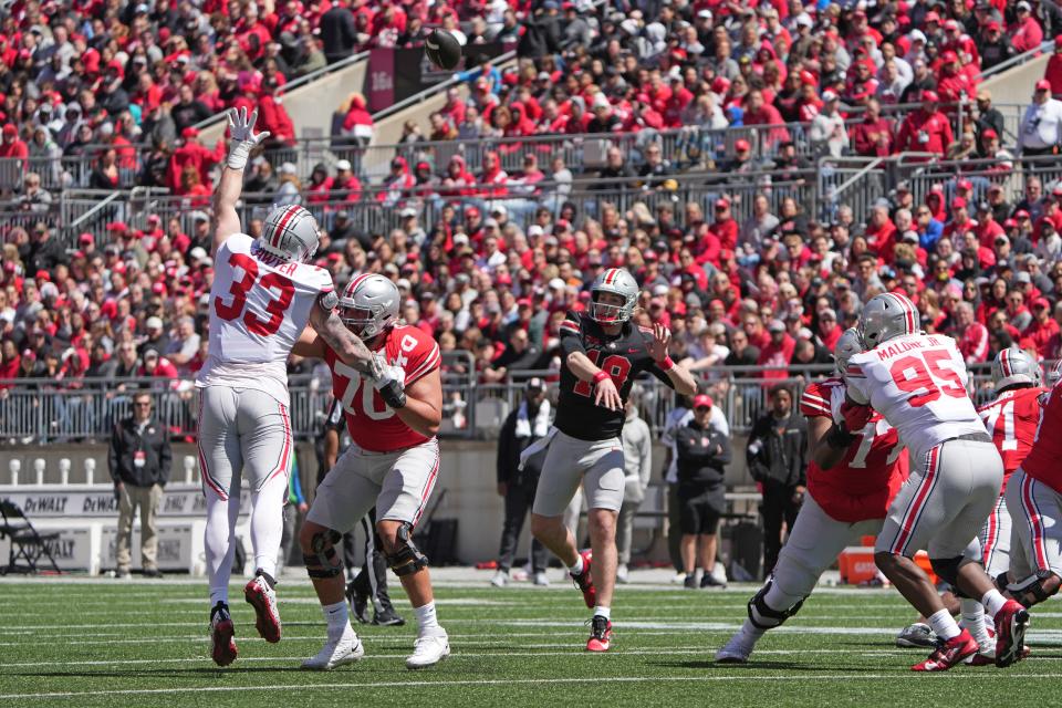 Apr 13, 2024; Columbus, OH, USA; Ohio State Buckeyes quarterback Will Howard (18) passes the ball during the Ohio State football spring game at Ohio Stadium.