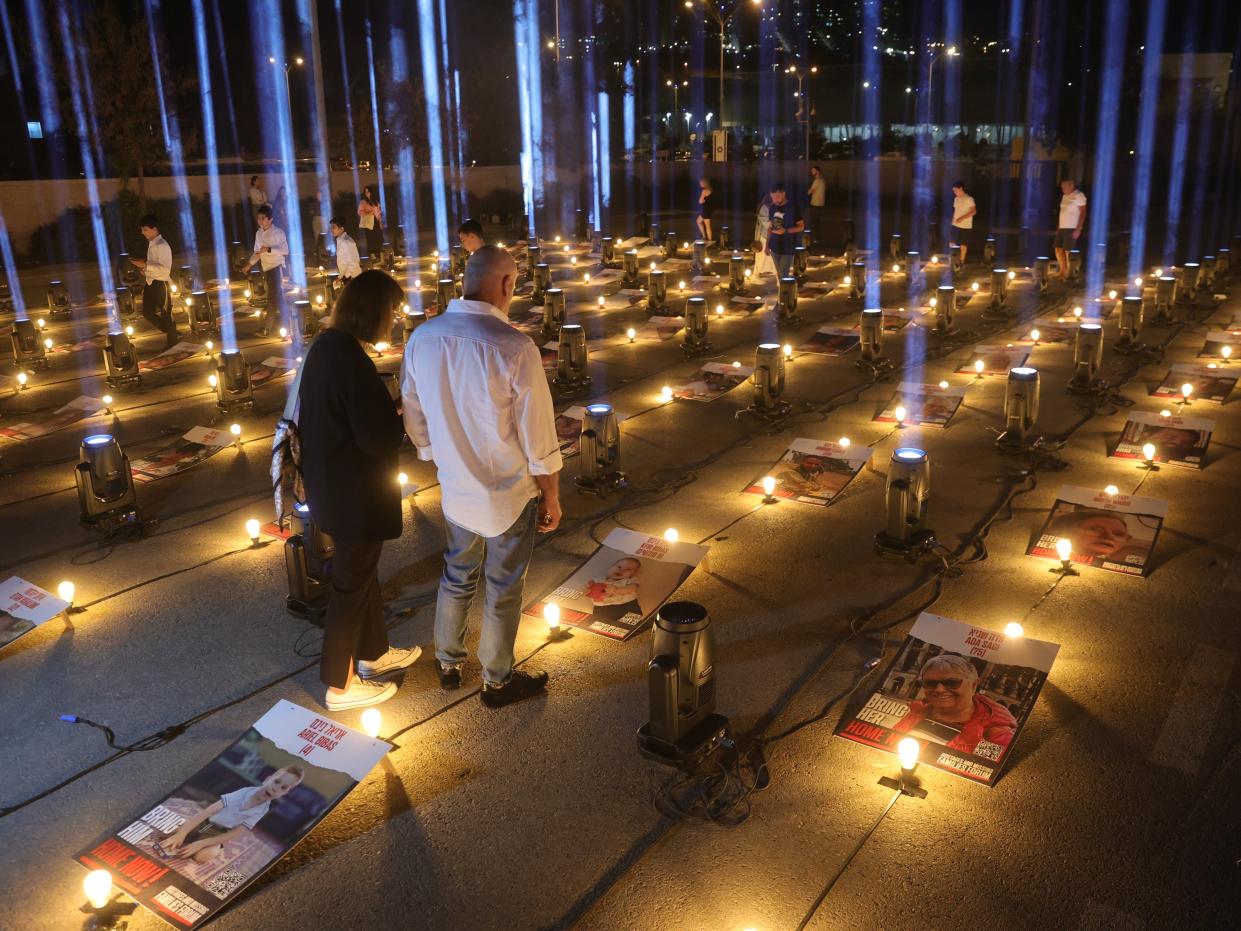 Light projectors signifying those abducted by Hamas illuminateJerusalem (EPA)