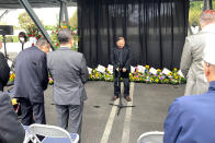 Pastor Albany Lee addresses congregants and community members on Saturday, May 21, 2022, as survivors and church leaders join in prayer and thank community members for their support nearly a week after a deadly shooting at a Taiwanese American church congregation in Laguna Woods, Calif. The community is reeling after the attack on a luncheon of the Irvine Taiwanese Presbyterian Church that killed one and wounded five. Lee said trauma specialists will be available to assist community members. (AP Photo/Amy Taxin)