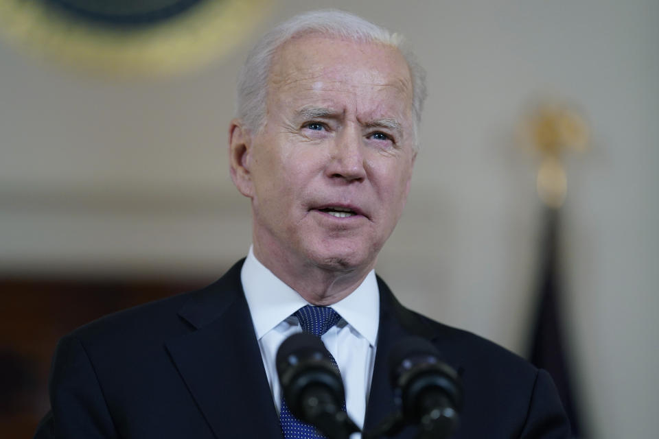 President Joe Biden speaks about a cease-fire between Israel and Hamas, in the Cross Hall of the White House, Thursday, May 20, 2021, in Washington. (AP Photo/Evan Vucci)