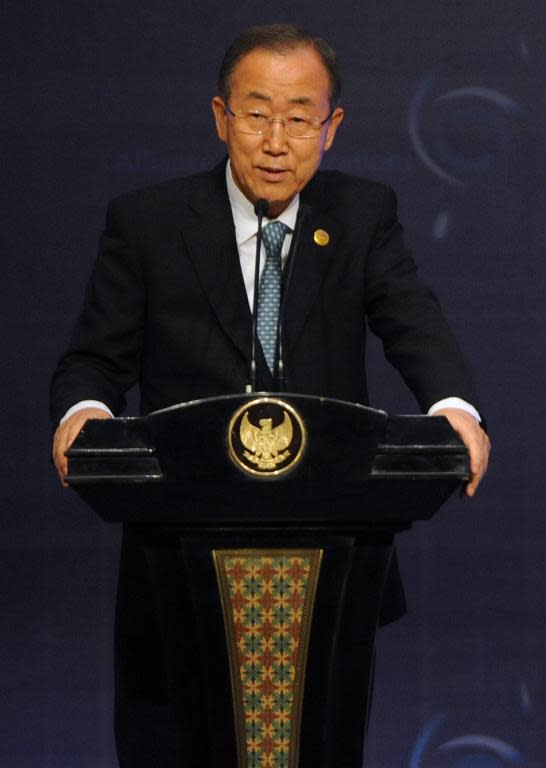 UN Secretary General Ban Ki-moon speaks at the opening of the United Nations Alliance of Civilizations conference in Nusa Dua, Bali on August 29, 2014