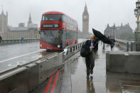 <p>A man with an umbrella in the wind walks by newly installed barriers on Westminster Bridge in London on Tuesday, June 6, 2017. (Photo: Matt Dunham/AP) </p>