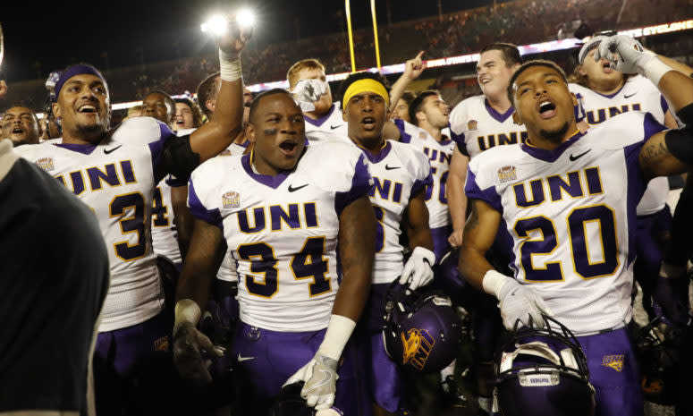 The Northern Iowa Panthers celebrate with their fans