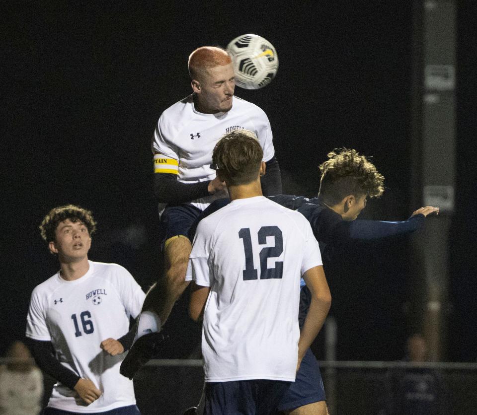 Howell RJ Eckelman heads ball. Christian Brothers Academy defeats Howell 2-1 in Shore Conference Tournament Final in Neptune NJ. October 22, 2022. 