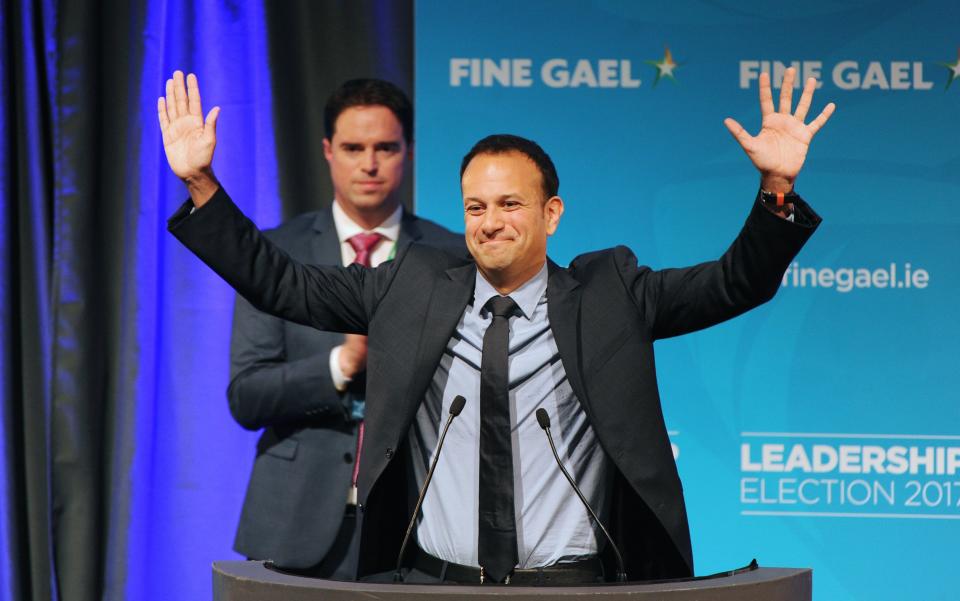 Leo Varadkar (C) newly elected leader of Ireland's Fine Gael party waves to the crowd after winning the internal party election in Dublin City, Ireland, 02 June 2017 - Credit: EPA