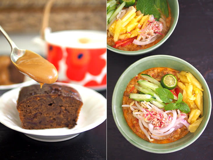 Add a spoonful (or maybe two) of their aromatic creamy toffee sauce with the pudding for an indulgent treat (left). Their menu includes savoury items such as this delicious Siamese 'laksa' served with creamy gravy chock full of fish flakes (right)