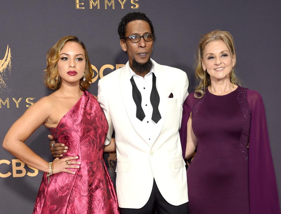 Jasmine Cephas Jones (left), with parents Ron Cephas Jones and Kim Lesley, at the 69th Primetime Emmy Awards on Sept. 17, 2017, at the Microsoft Theater in Los Angeles.