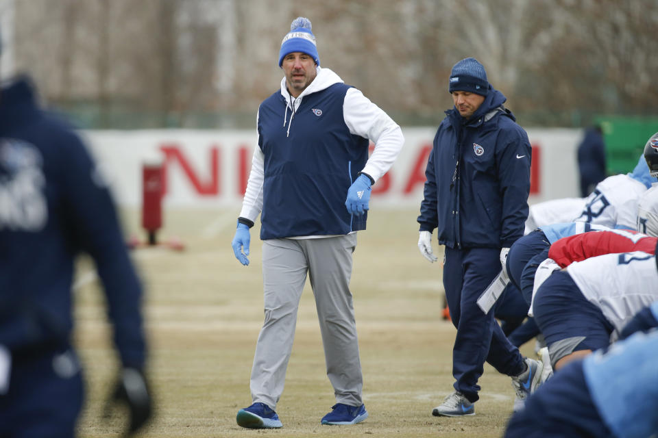 Tennessee Titans head coach Mike Vrabel walks among players as they stretch during an NFL football practice Friday, Jan. 17, 2020, in Nashville, Tenn. The Titans are scheduled to face the Kansas City Chiefs in the AFC Championship game Sunday. (AP Photo/Mark Humphrey)