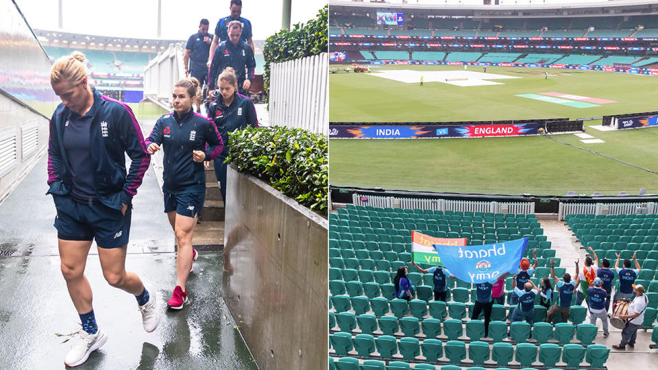 Pictured here, England's Women's T20 side walk off after their semi-final against India was abandoned.