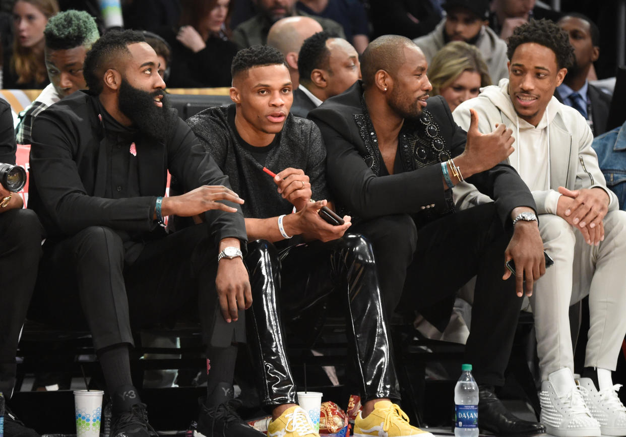 LOS ANGELES, CA - FEBRUARY 17:  (L-R) James Harden, Russell Westbrook, Serge Ibaka and DeMar Derozan attend the 2018 State Farm All-Star Saturday Night at Staples Center on February 17, 2018 in Los Angeles, California.  (Photo by Kevin Mazur/WireImage)