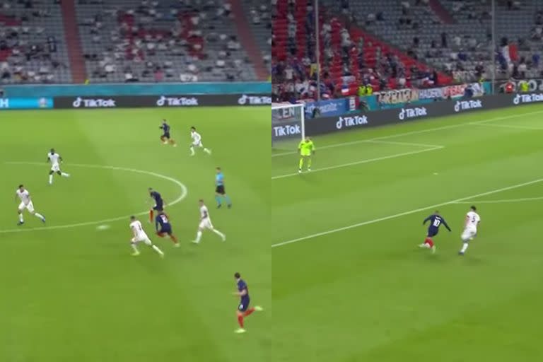 La impactante corrida de Kylian Mbappé: picó unos cinco metros detrás de Mats Hummels y lo superó, hasta ser derribado en el área por el defensor, en el Alemania 0 vs. Francia 1 por la Eurocopa, en Múnich.