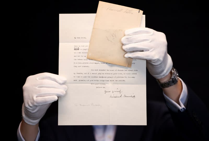 A typed letter written by former British Prime Minister Winston Churchill, sent to Sir Frederick Ponsonby in 1929, soon to be auctioned at Bonhams in London