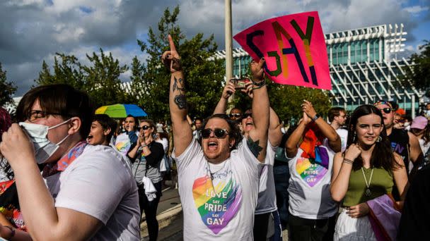 PHOTO: Members and supporters of the LGBTQ community attend the 'Say Gay Anyway' rally in Miami Beach, Fla., March 13, 2022. (Chandan Khanna/AFP via Getty Images)