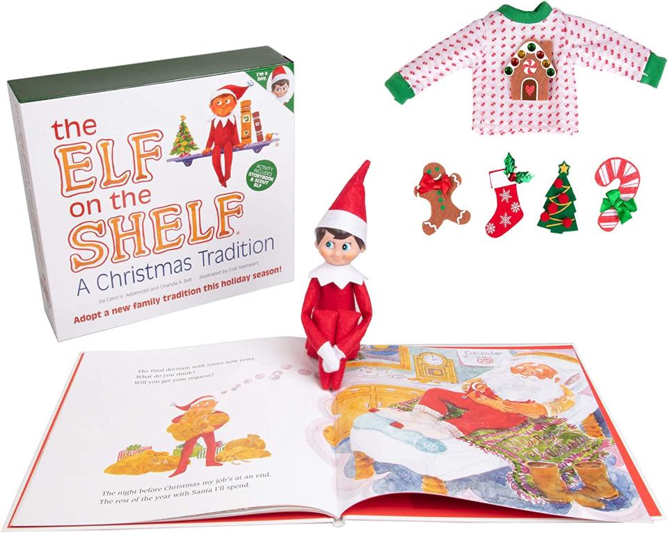 Elf-On-The-Shelf-Boy-with-Customizable-Christmas-Sweater-Set-Blue-Eyed-Boy-Elf-with-Book,-Sweater-and-Five-Festive-Holiday-Outfit-Decorations-Amazon
