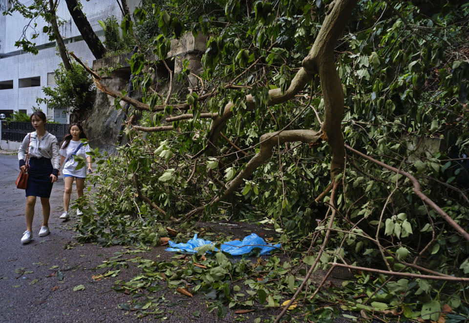 People walk past fallen trees caused by Typhoon Mangkhut outside a housing estate on the waterfront in Hong Kong, Monday, Sept. 17, 2018. Hong Kong and southern China hunkered down as strong winds and heavy rain from Typhoon Mangkhut lash the densely populated coast. The biggest storm of the year left at least 28 dead from landslides and drownings as it sliced through the northern Philippines. (AP Photo/Vincent Yu)