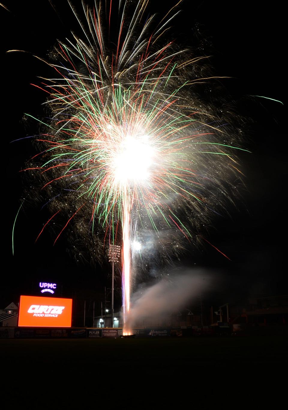 Fireworks follow the Erie SeaWolves game against the Reading Fightin Phils on July 2, 2021, at UPMC Park.