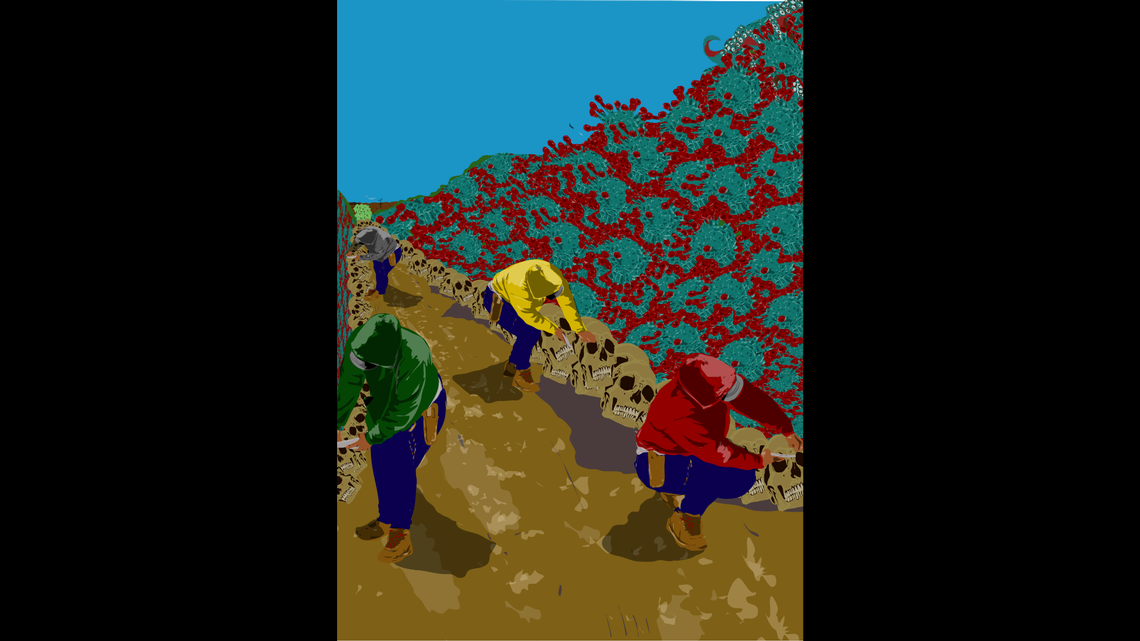 Alfredo Ponce, also known as Pholk Giant, depicts farmworkers picking skulls instead of produce, along a path between fields of COVID-19 virus particles.