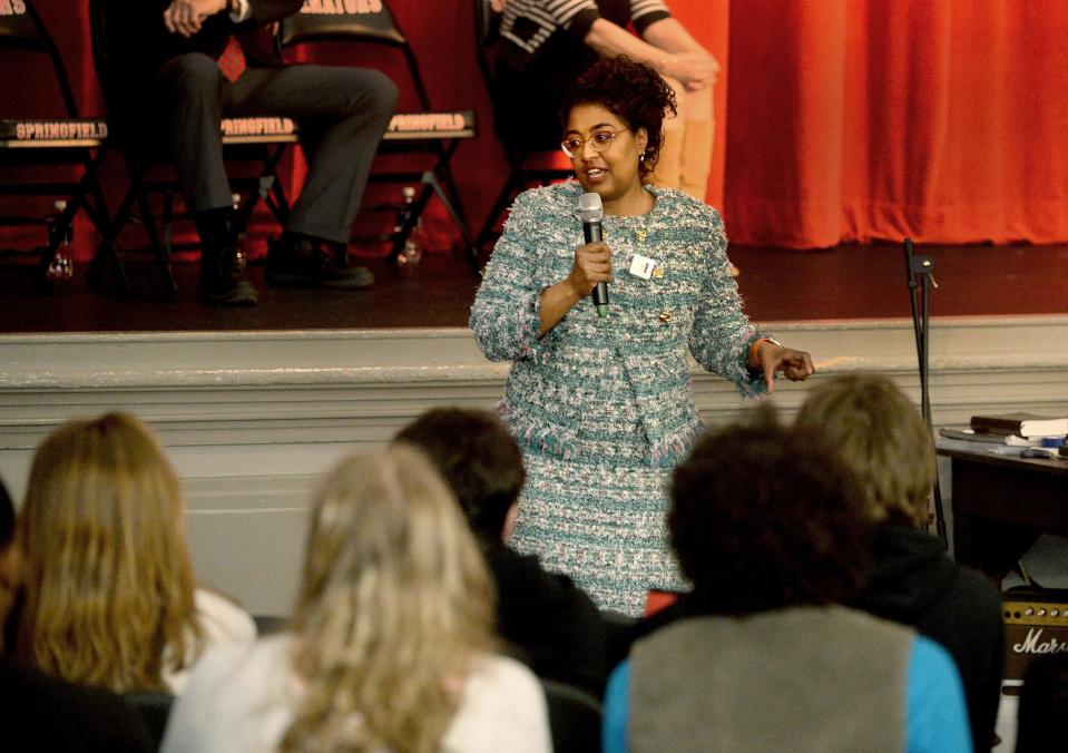 Tracey Meares answers question from students at Springfield High School Thursday, April 6, 2023. Meares was awarded the Distinguished Alumni Award.