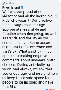 Screenshot of River Island response to criticism of 'too adult' girls top and legging combo