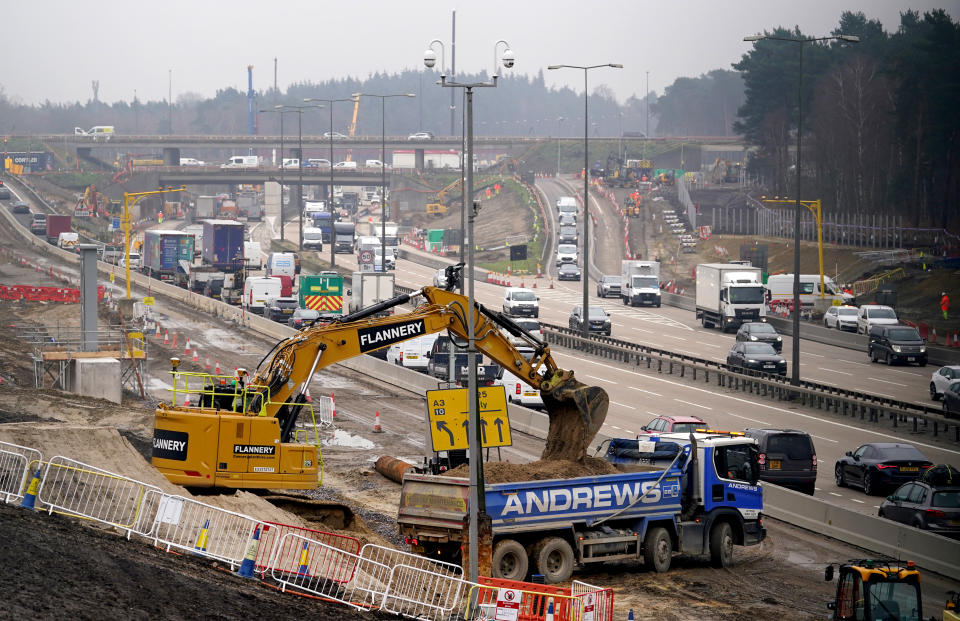 A view of traffic approaching junction 10 of the M25 in Surrey during a site visit ahead of a planned closure of both carriageways from 9pm on Friday March 15 until 6am on Monday March 18. Picture date: Monday March 11, 2024. (Photo by Gareth Fuller/PA Images via Getty Images)