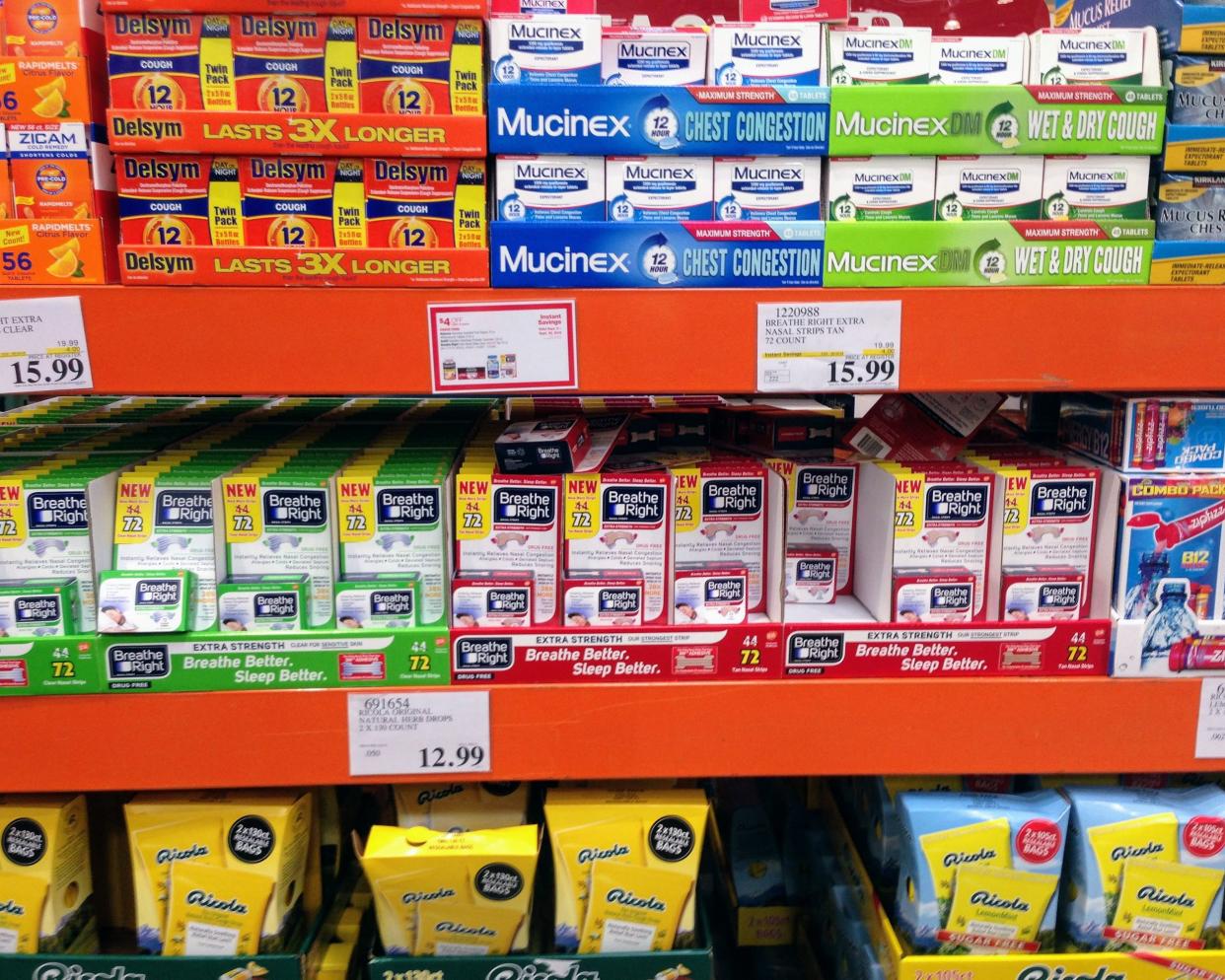 Over the counter medications on shelves at Costco