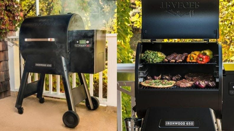 A Traeger grill produces heat by burning pellets made from compressed wood.