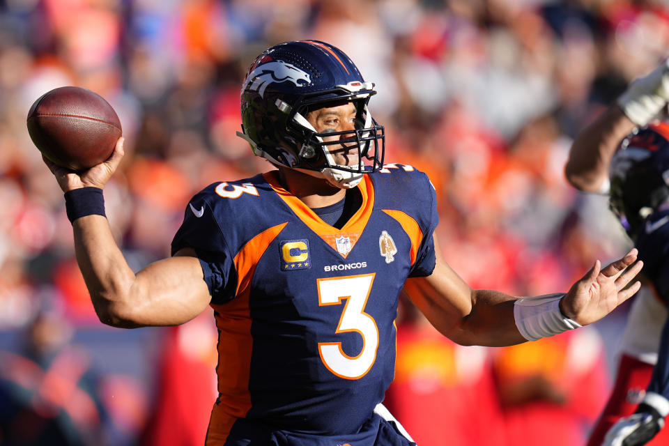 Denver Broncos quarterback Russell Wilson (3) throws during the first half of an NFL football game against the Kansas City Chiefs Sunday, Dec. 11, 2022, in Denver. (AP Photo/Jack Dempsey)